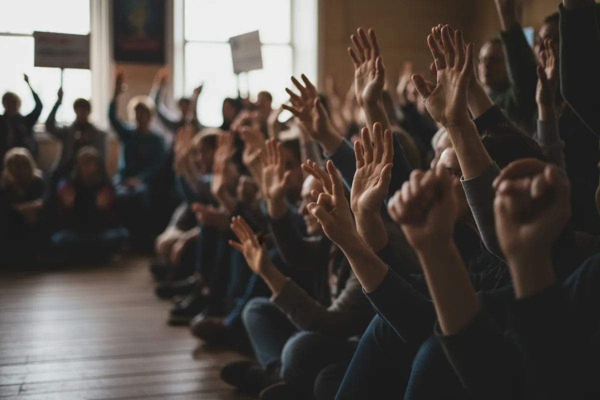 Reunión comunitaria con personas levantando la mano