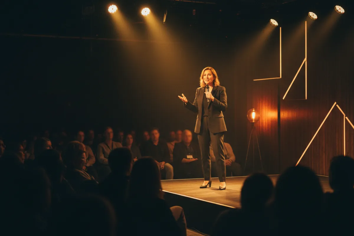 Orador en escenario con público desenfocado
