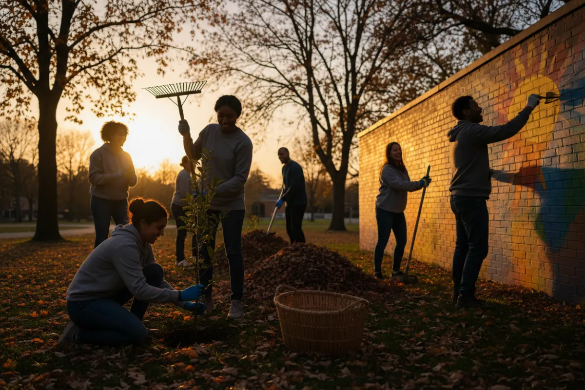 Voluntarios ayudando en comunidad en formato horizontal 3:2 con luz cálida