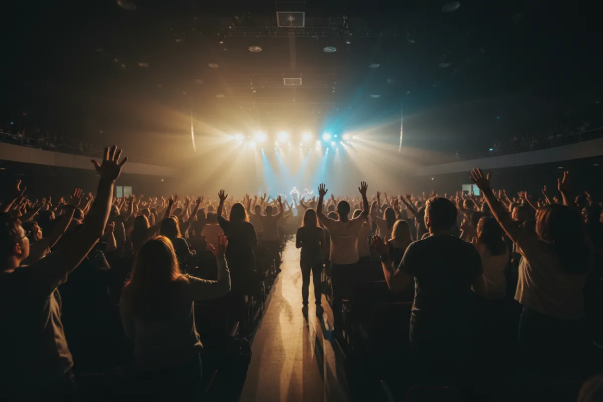 Escena de adoración con manos levantadas y luz de escenario en formato panorámico 3:2