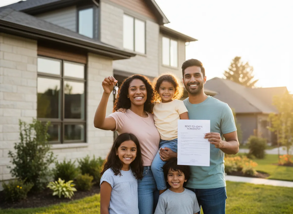 Happy family in front of their new home