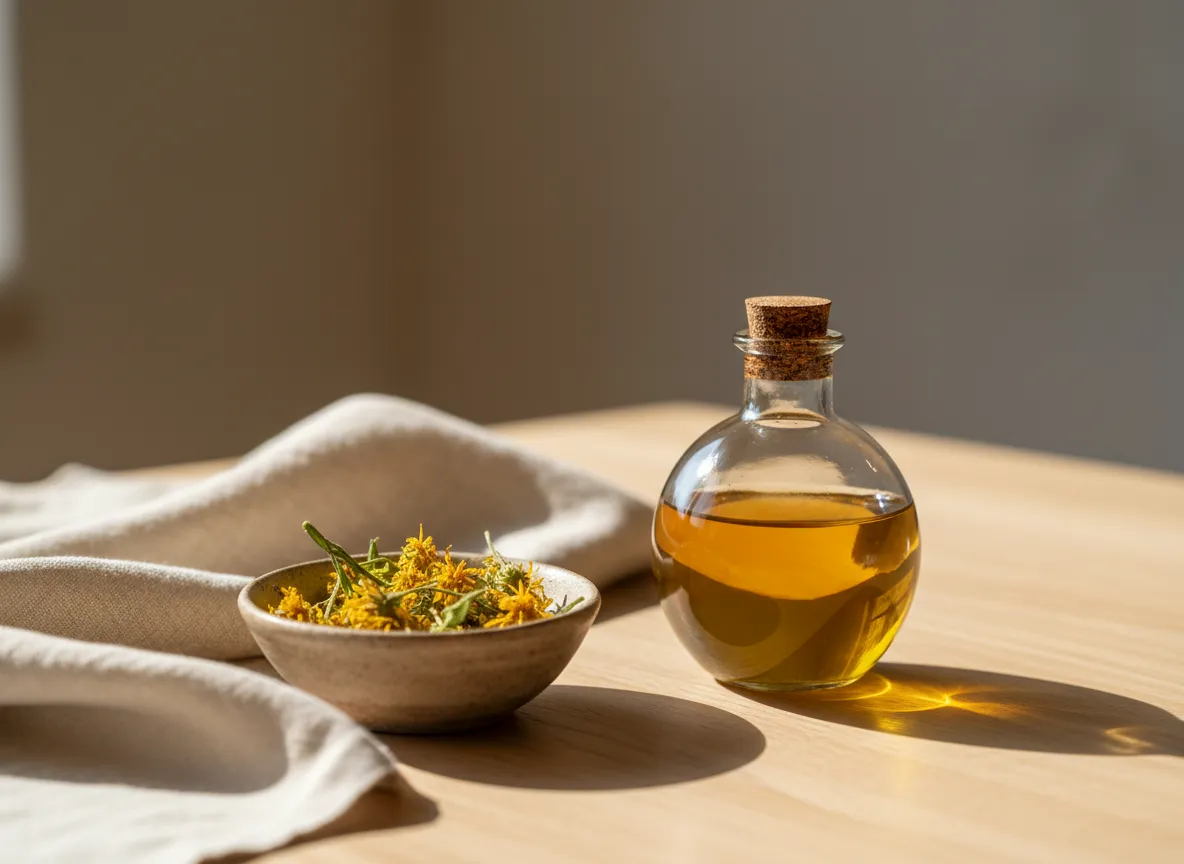 Bottle of arnica oil and herbs on a wooden surface