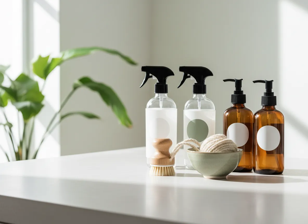 Collection of glass spray bottles and brushes for non-toxic home cleaning