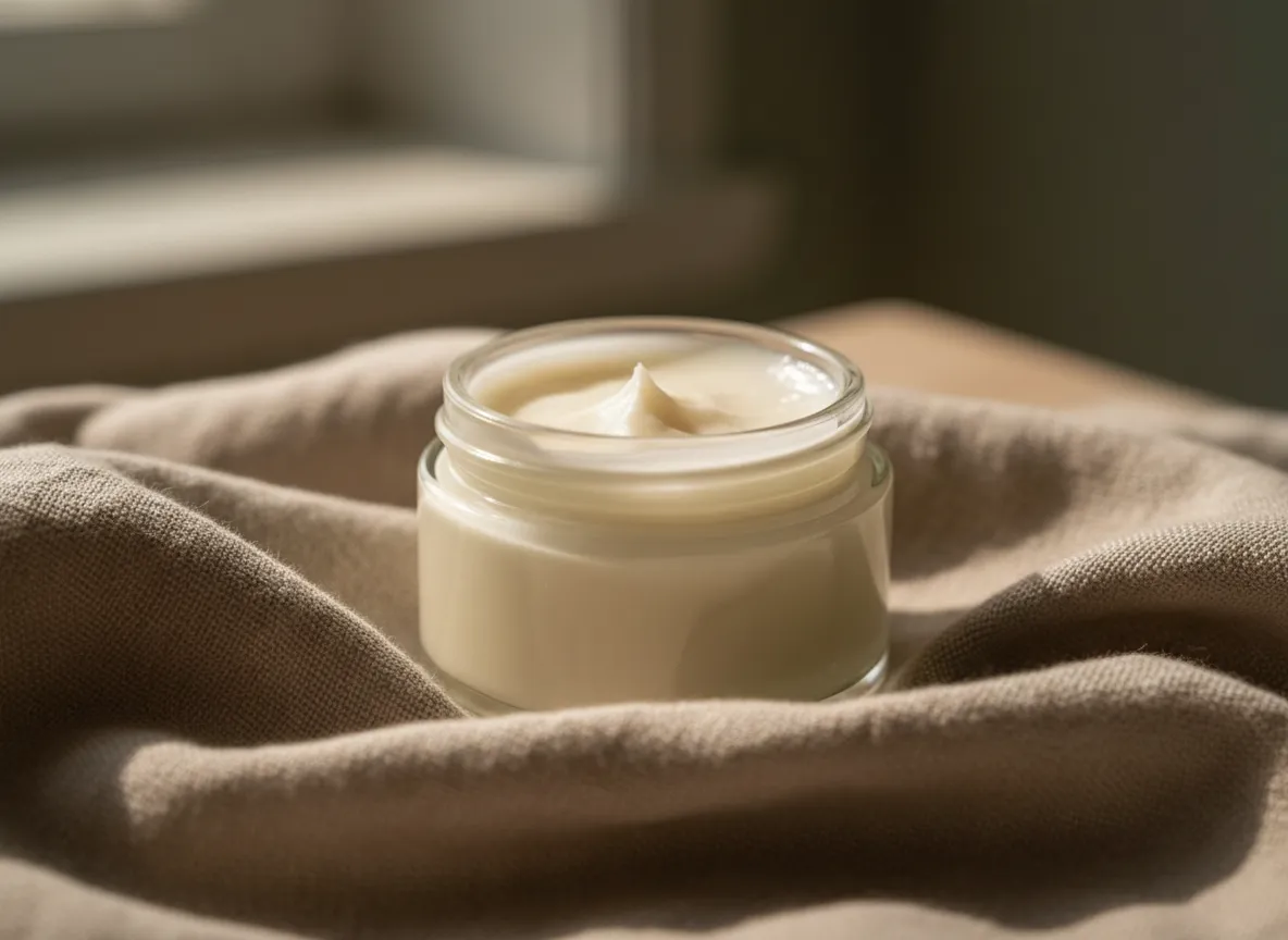 Glass jar of nourishing tallow balm on a linen cloth