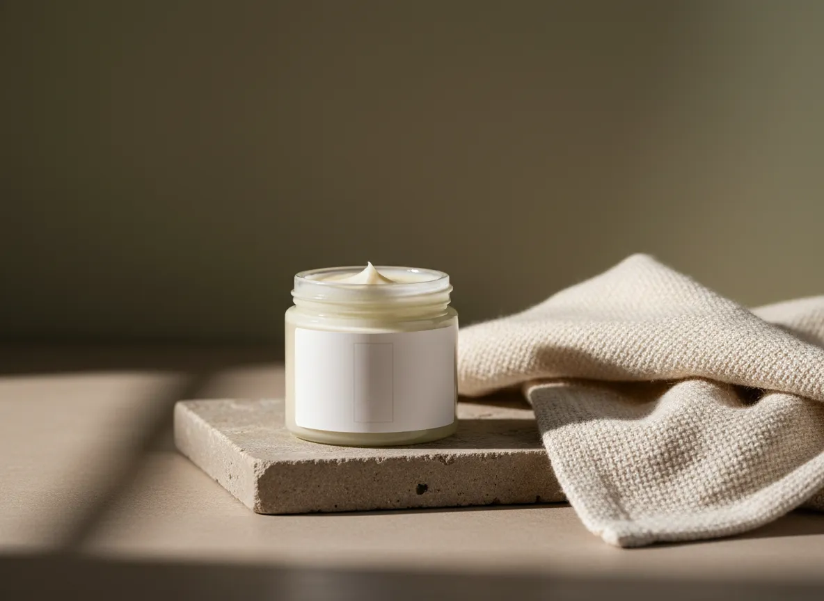 Jar of tallow balm next to a soft cloth