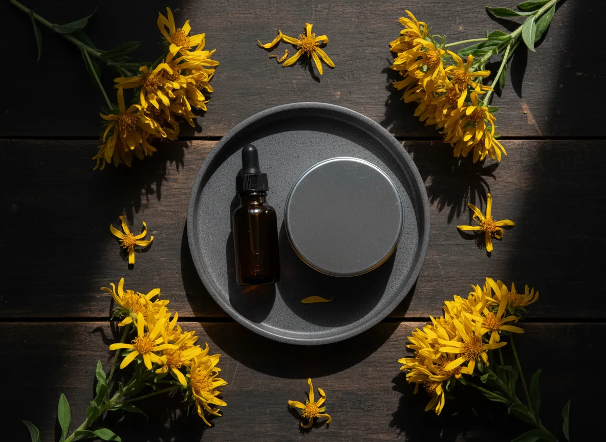 Arnica salve and flowers arranged on a tray