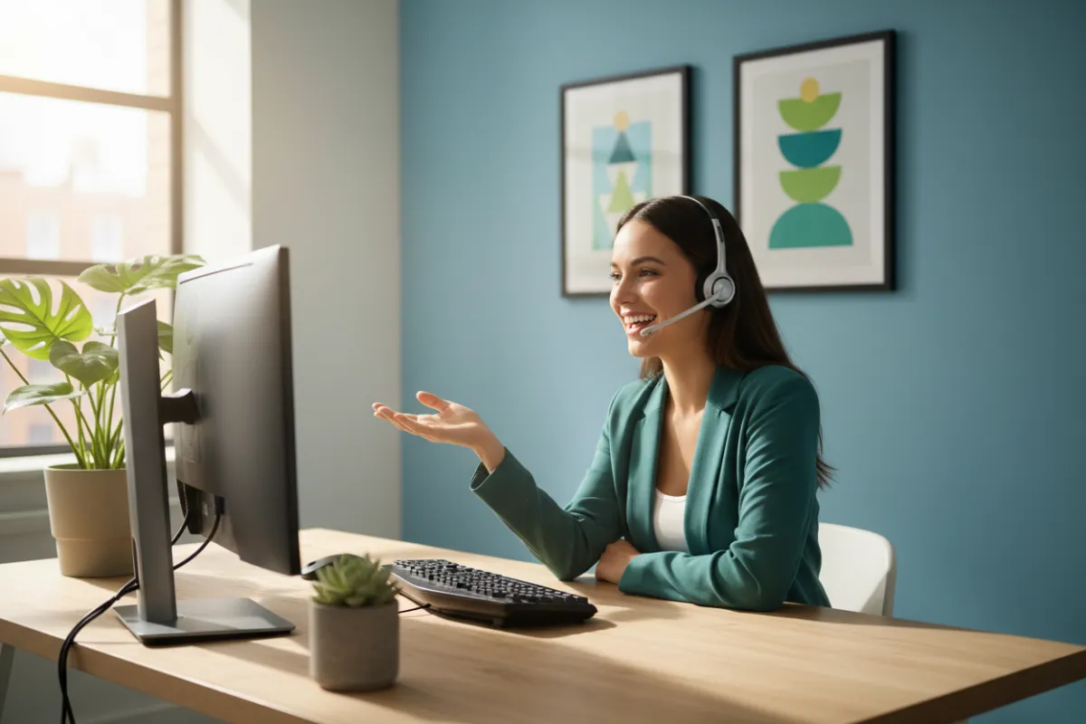 A friendly customer support representative in a modern office, wearing a headset and smiling while assisting a client via computer. The workspace is bright, with plants and motivational posters, conveying approachability and professionalism.