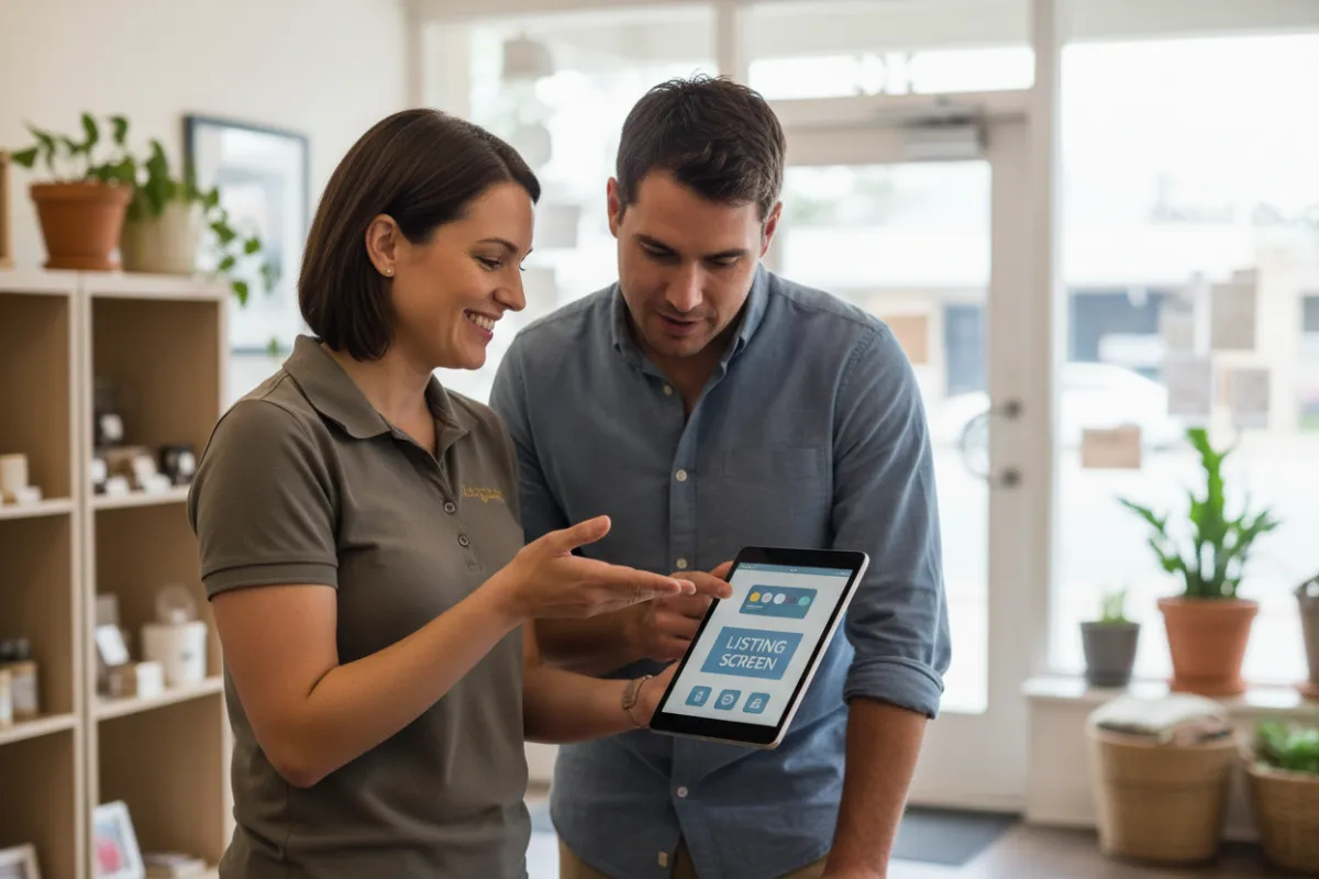 Business owners reviewing visibility systems