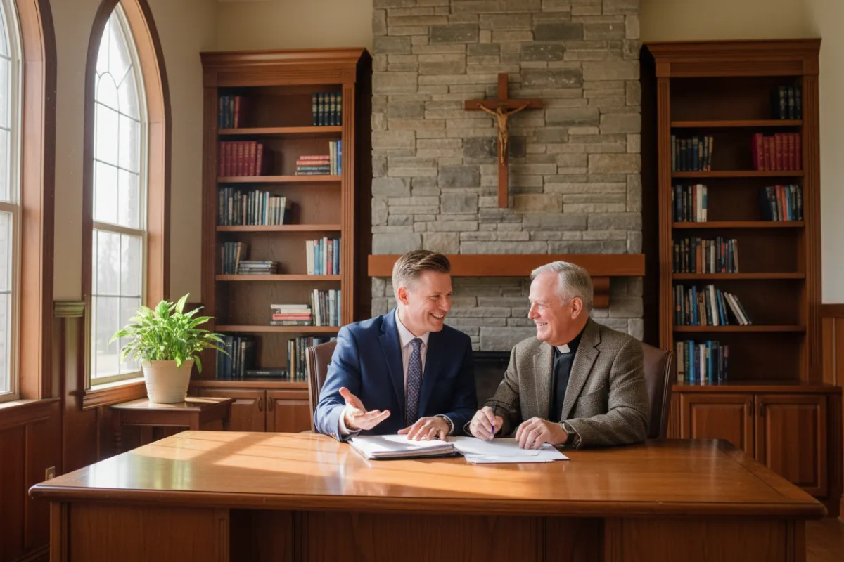 A professional financial advisor in a suit meets with a pastor in a sunlit church office. Both are reviewing documents and smiling. The office features warm wood tones, bookshelves, and a cross on the wall, evoking trust, expertise, and a welcoming atmosphere.