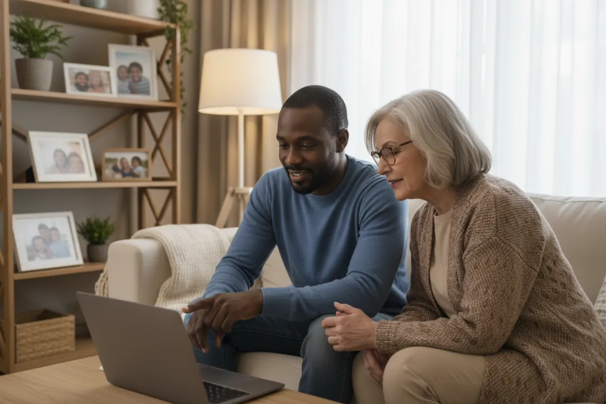 An African American man in his 40s sits with a supportive advisor in a cozy living room, both reviewing a laptop screen. The advisor points to the screen, and the man nods, looking reassured. The room is softly lit, with family photos in the background, evoking comfort and hope.