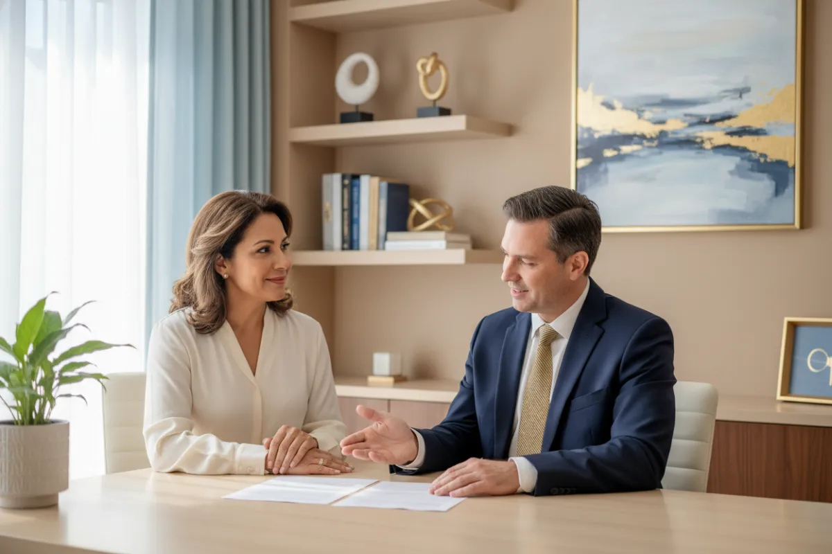 A middle-aged woman of Hispanic descent sits with a financial counselor in a well-lit office, reviewing paperwork together. The advisor gestures reassuringly, and the woman looks relieved and optimistic. The environment is professional, with soft blue and gold accents, conveying trust and expertise.