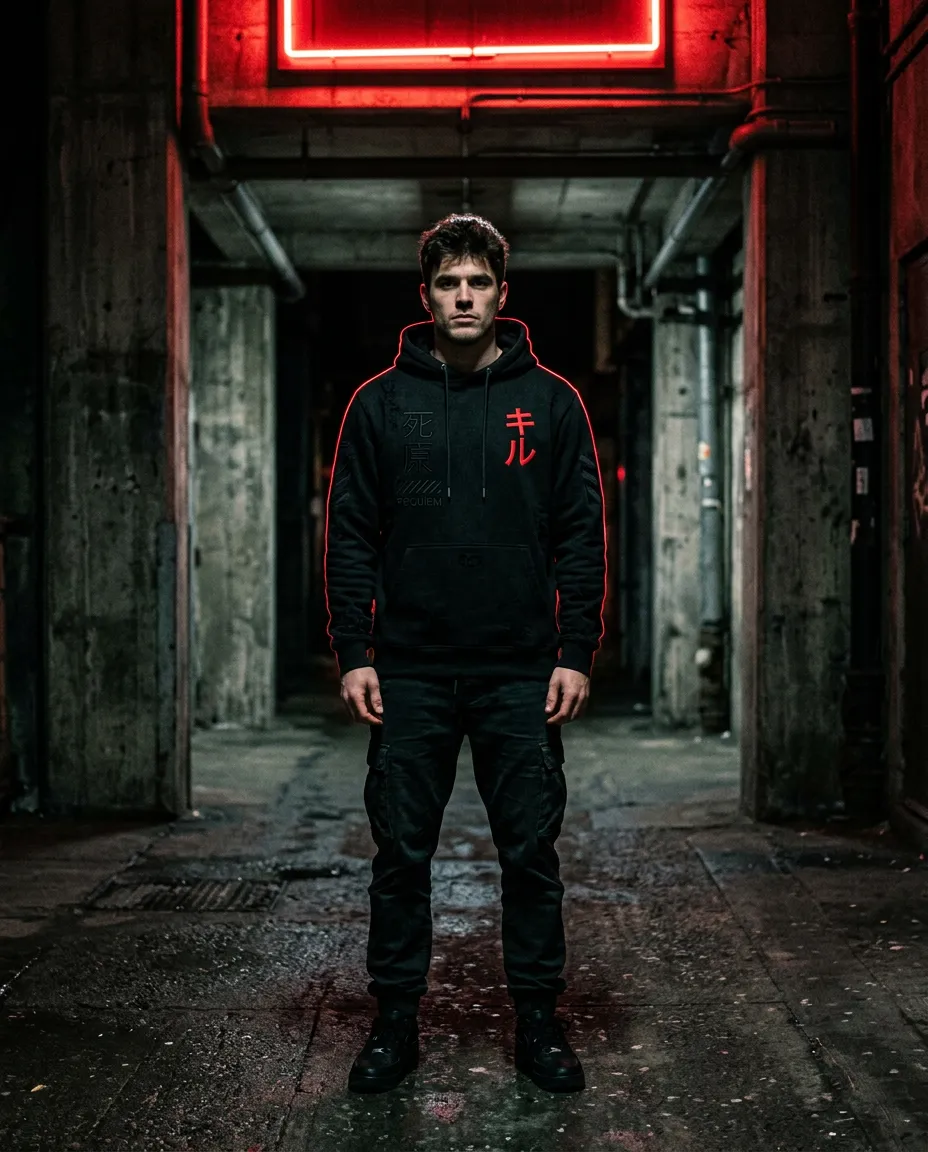 Desaturated monochromatic editorial streetwear anime hoodie lifestyle shoot