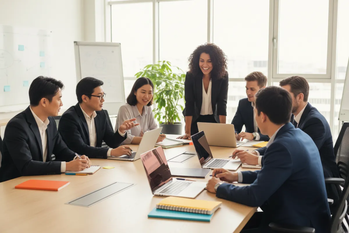A diverse group of professionals, including men and women of various ages and ethnicities, gathered around a table in a bright, modern office, collaborating on a project with laptops and notepads. The setting is energetic and supportive, emphasizing teamwork and learning.