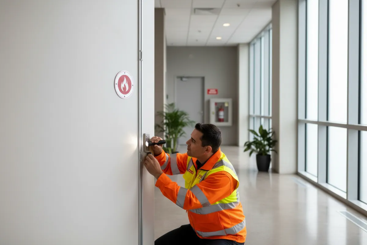 Fire door inspector checking a door in a communal corridor