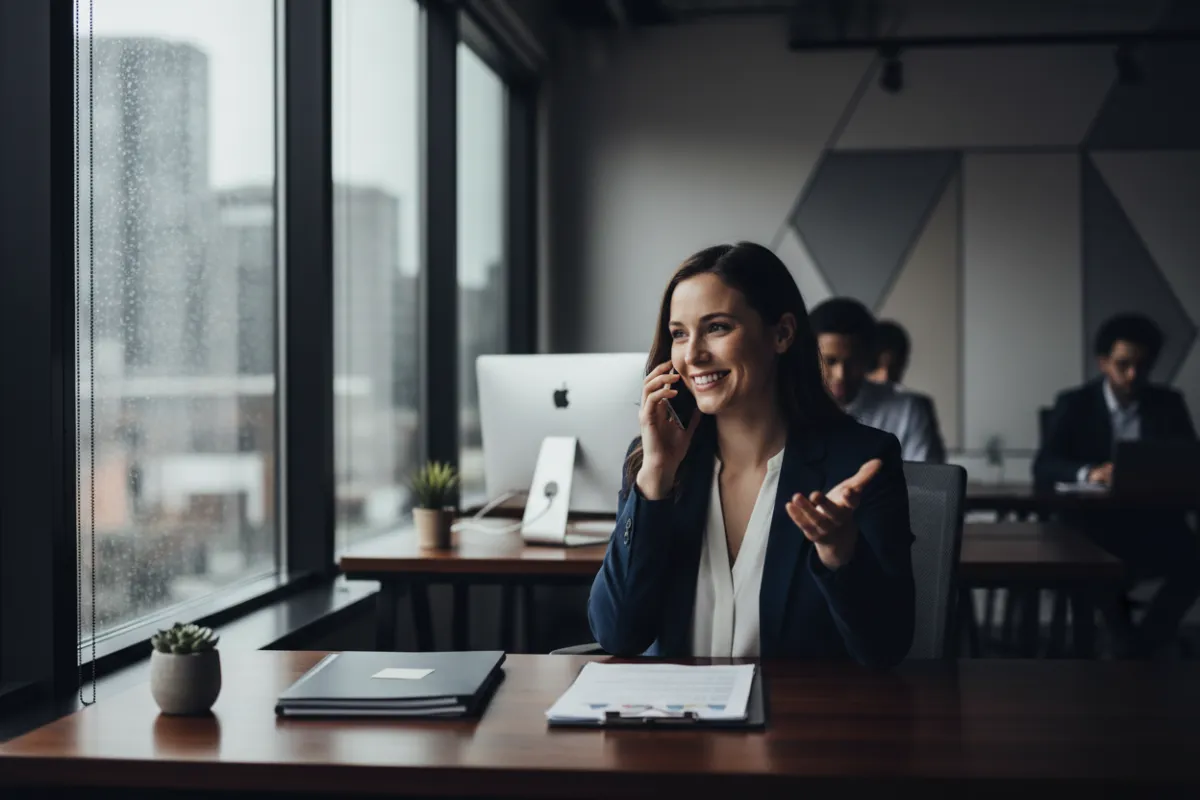 Local agent on the phone in a bright office environment.