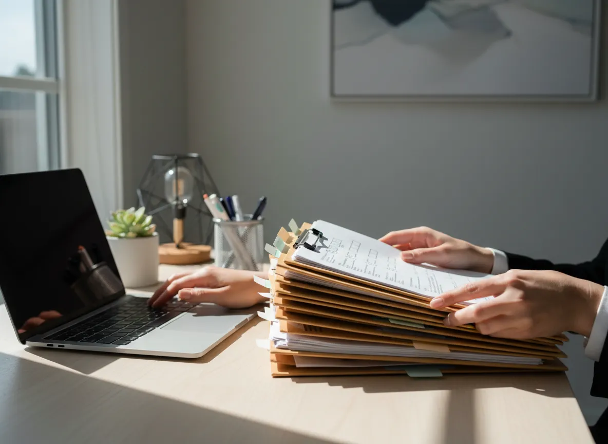 Administrative support typing on laptop and organizing real estate files