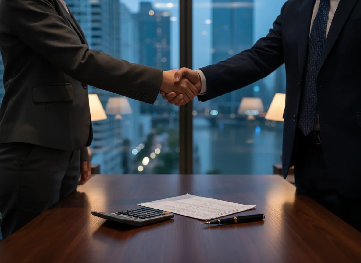 Handshake and calculator representing strong real estate commission structure