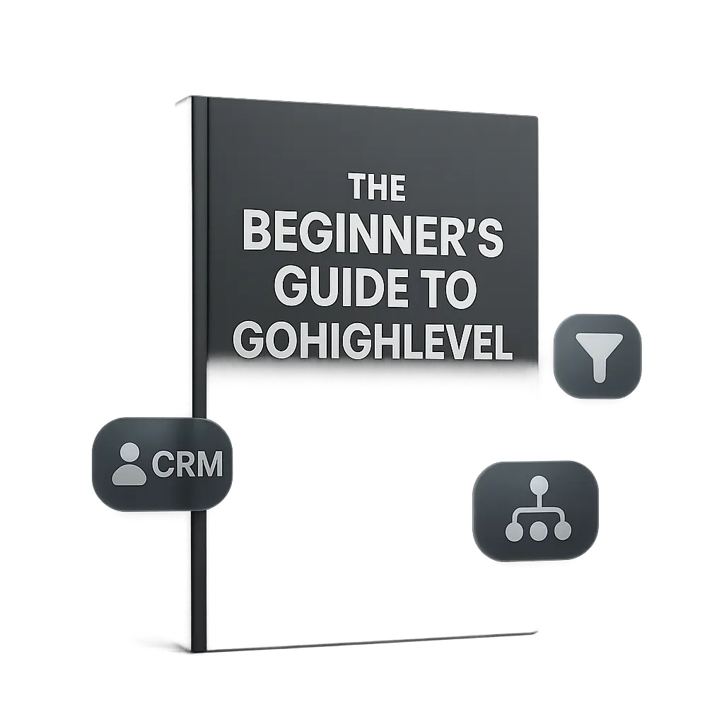 3D Ebook Mockup of The Beginner's Guide to GoHighLevel with floating pastel CRM, Funnel, and Automation nodes