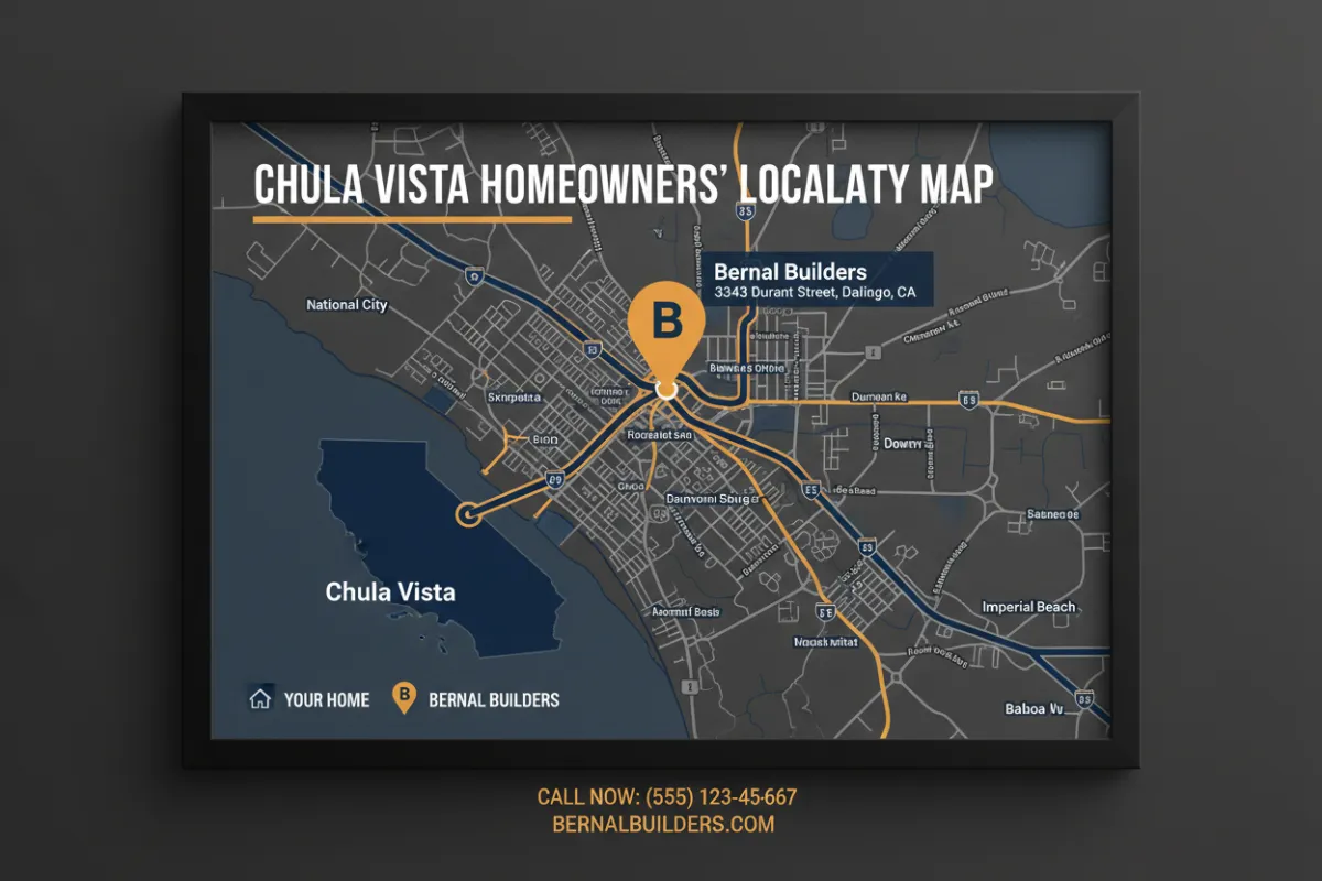 Map highlighting Bernal Builders location at 3343 Durant Street, San Diego