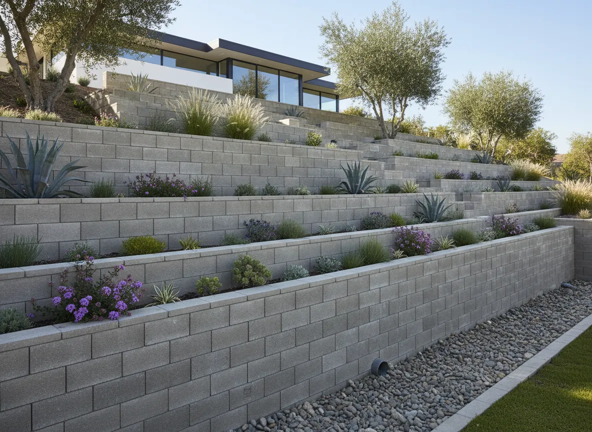 Tiered concrete block retaining wall in a San Diego backyard