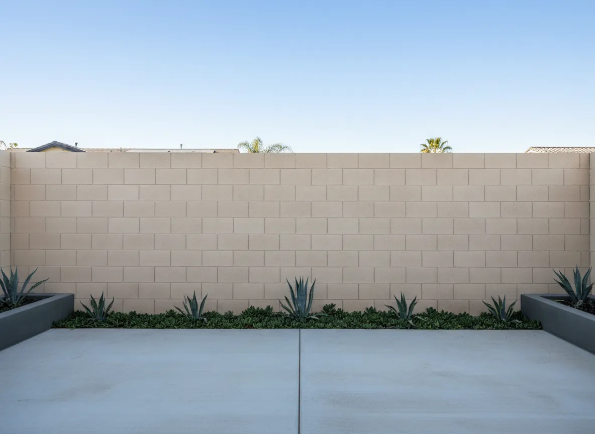Backyard block privacy wall with smooth stucco finish
