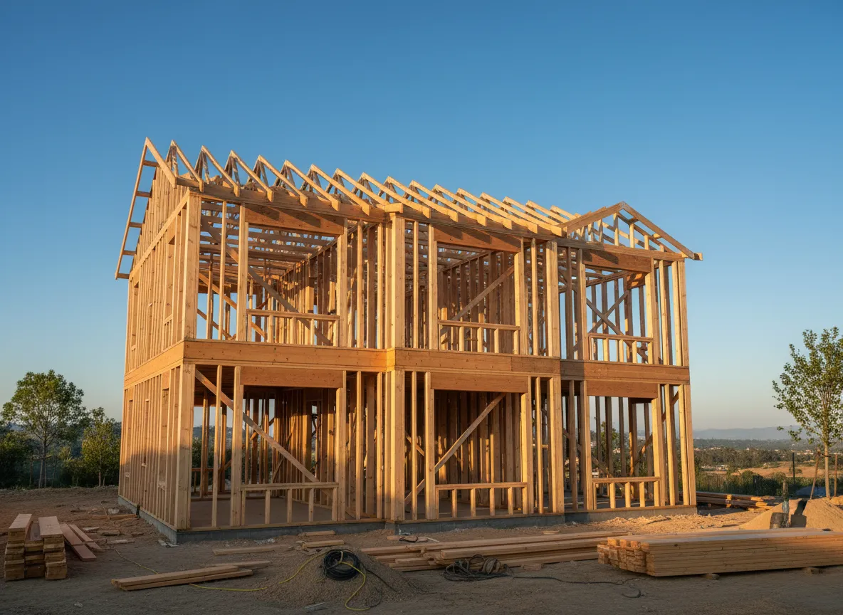 Wood framing structure of a residential home in San Diego