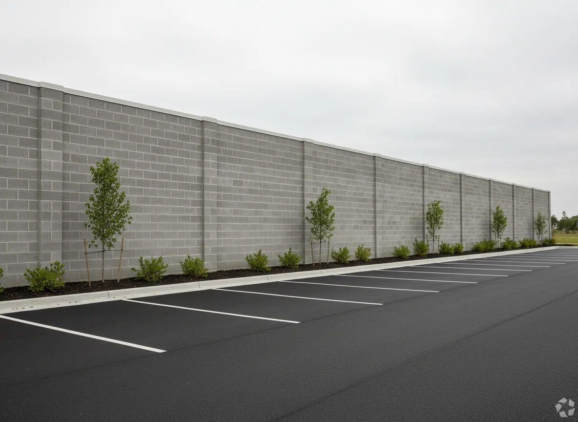 Commercial block wall installation along a parking lot