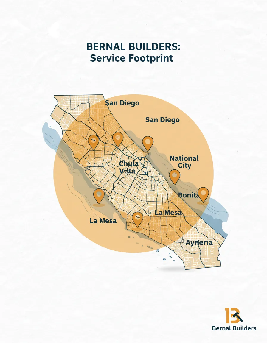 Map of San Diego service area showing coverage for Bernal Builders