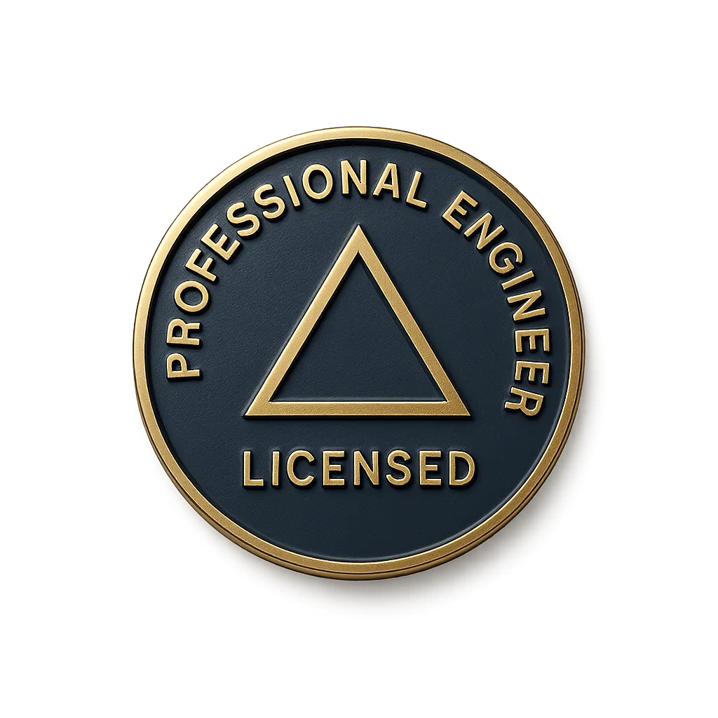 Certified structural engineering and compliance stamp in Navy and Gold