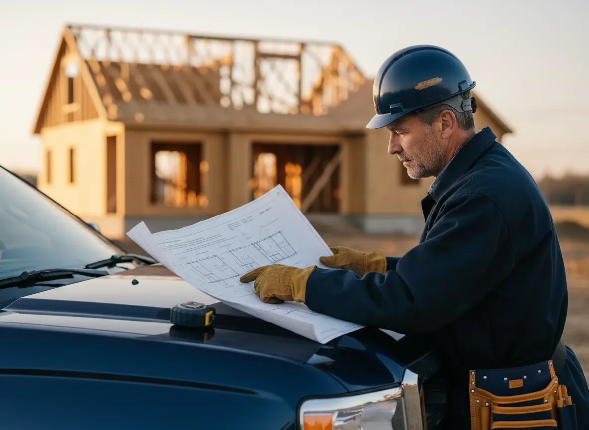 Reviewing construction blueprints and permits for a Ramona project