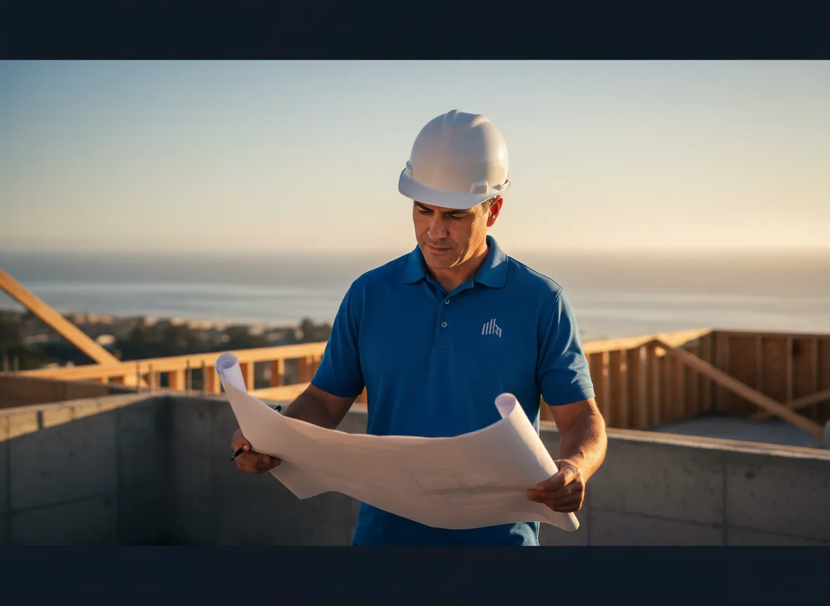 Contractor reviewing blueprints on a National City job site