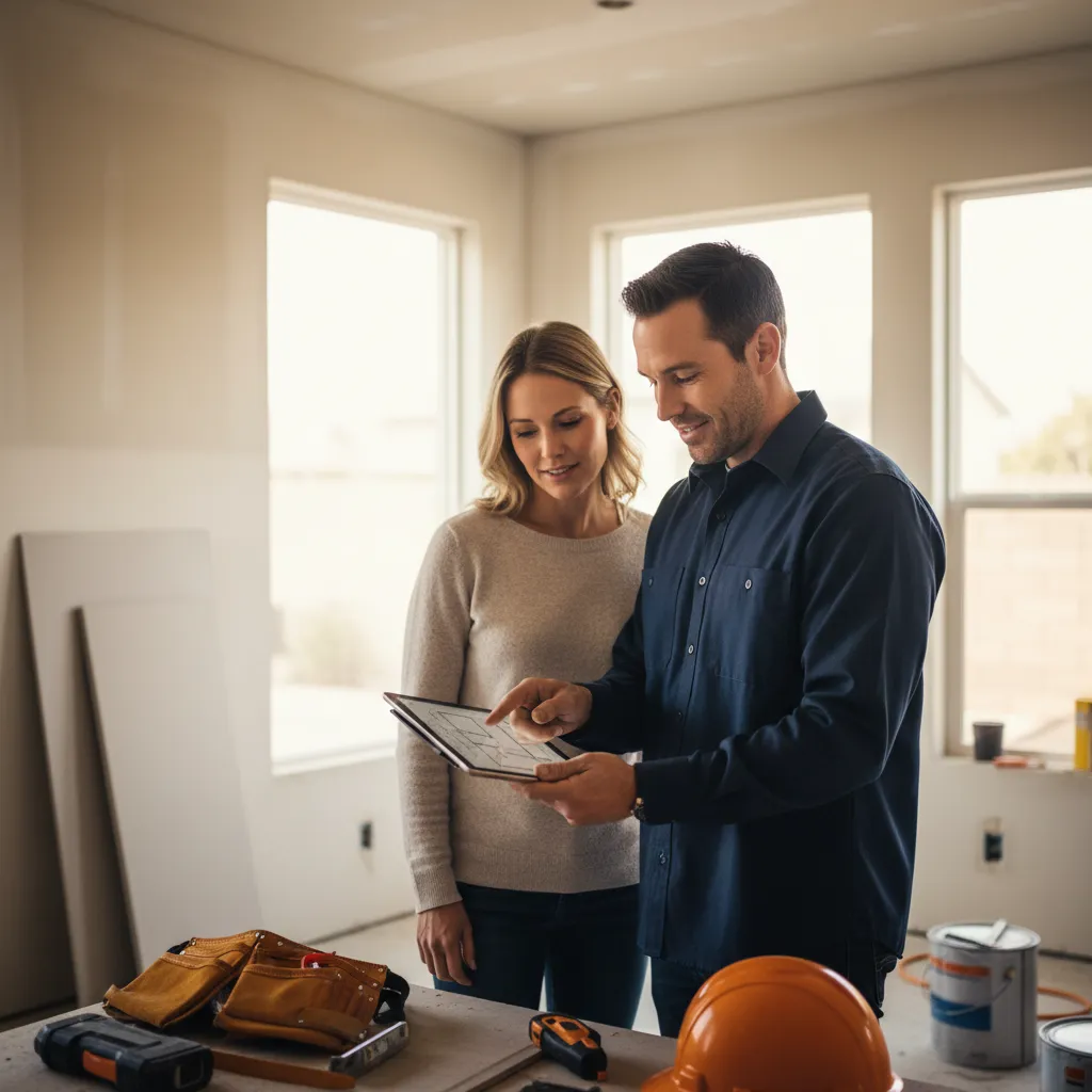 Contractor reviewing project plans with client
