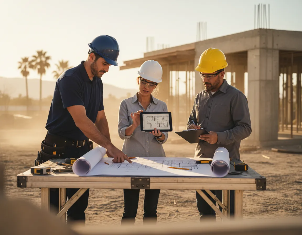Construction team reviewing plans on site in La Mesa