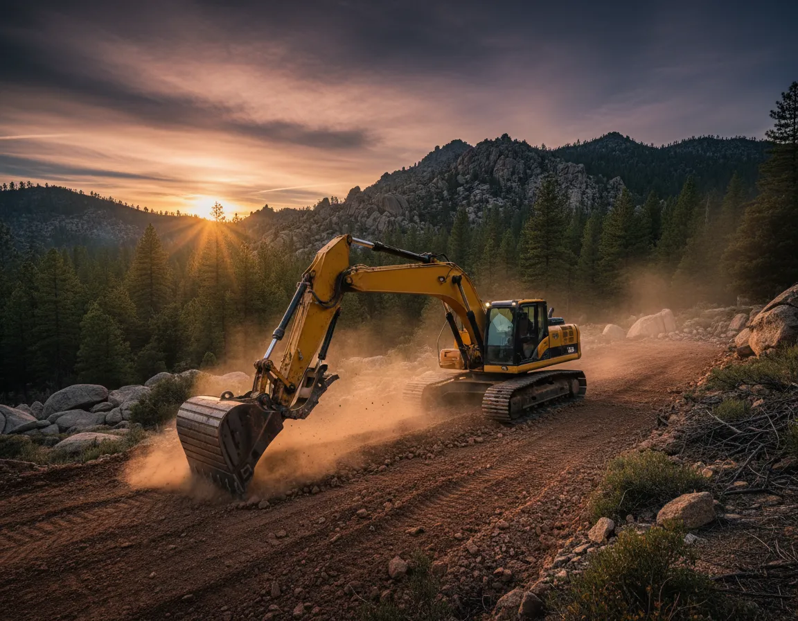 Heavy excavation and grading equipment preparing land in Julian mountains