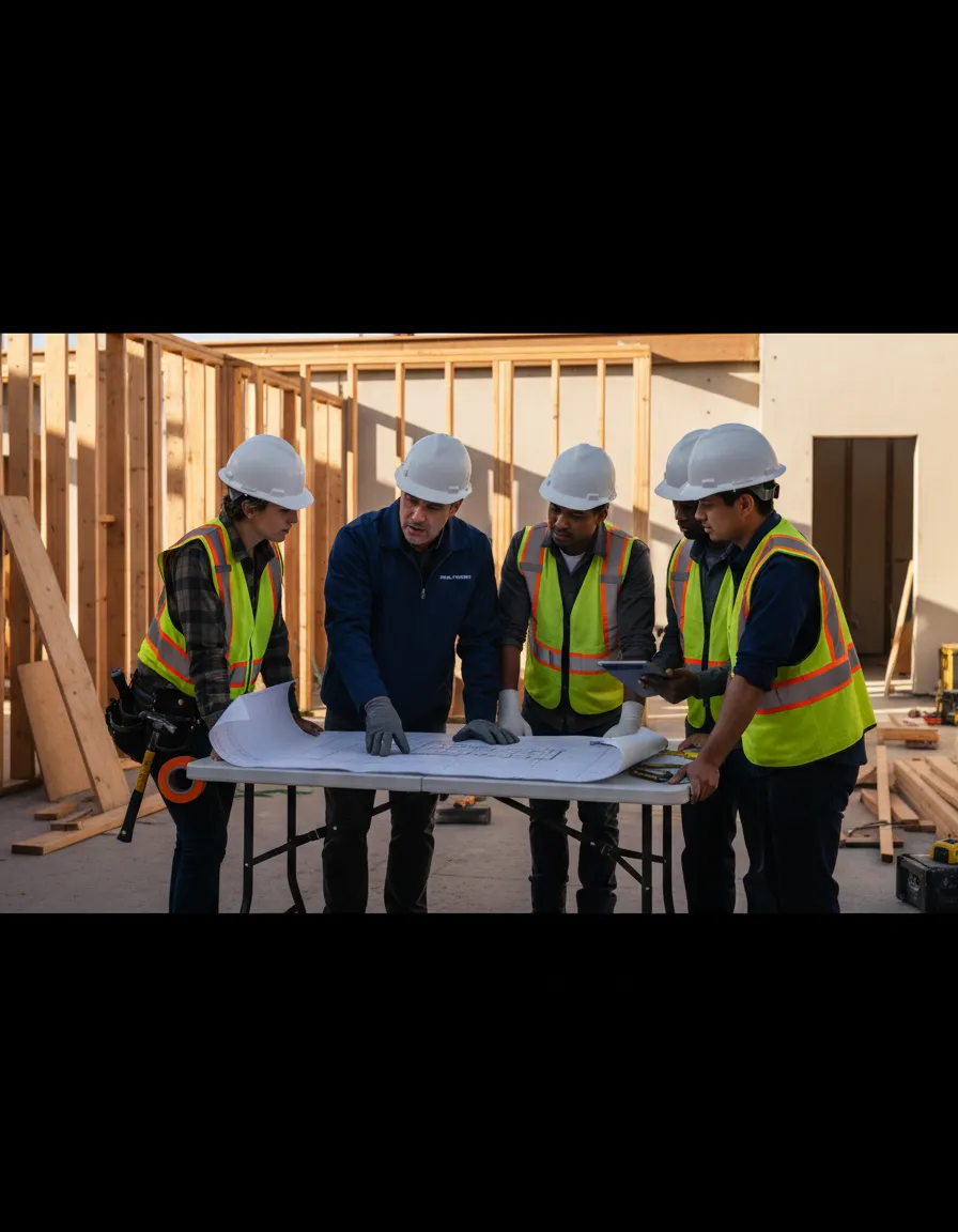 Construction crew reviewing blueprints on site
