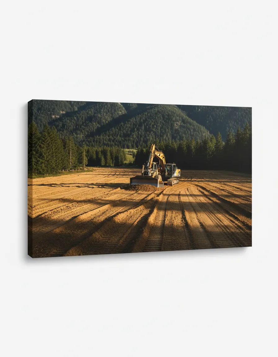 Heavy machinery performing land prep and grading on a rural Alpine lot