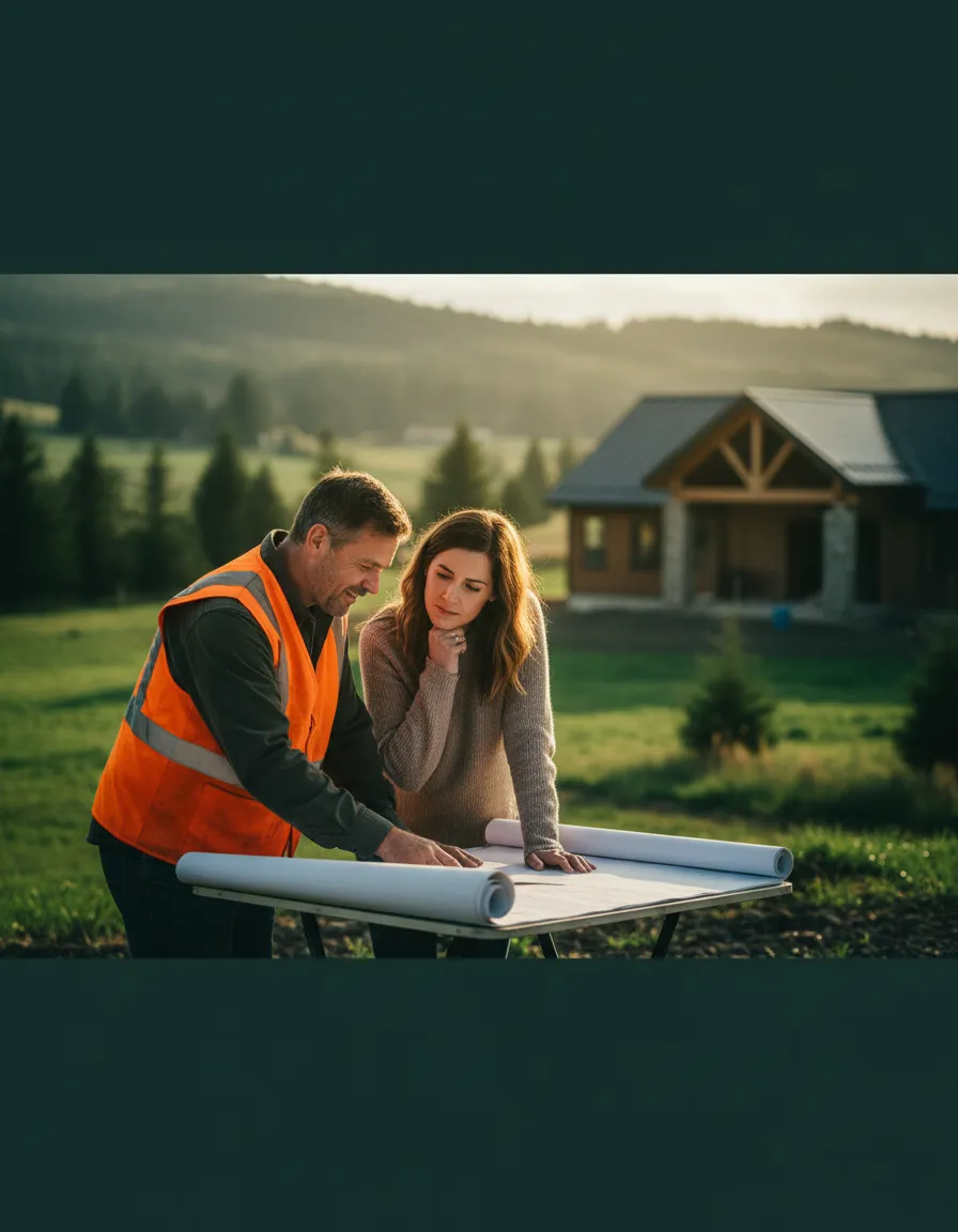 Contractor reviewing blueprints and discussing estimates with a client