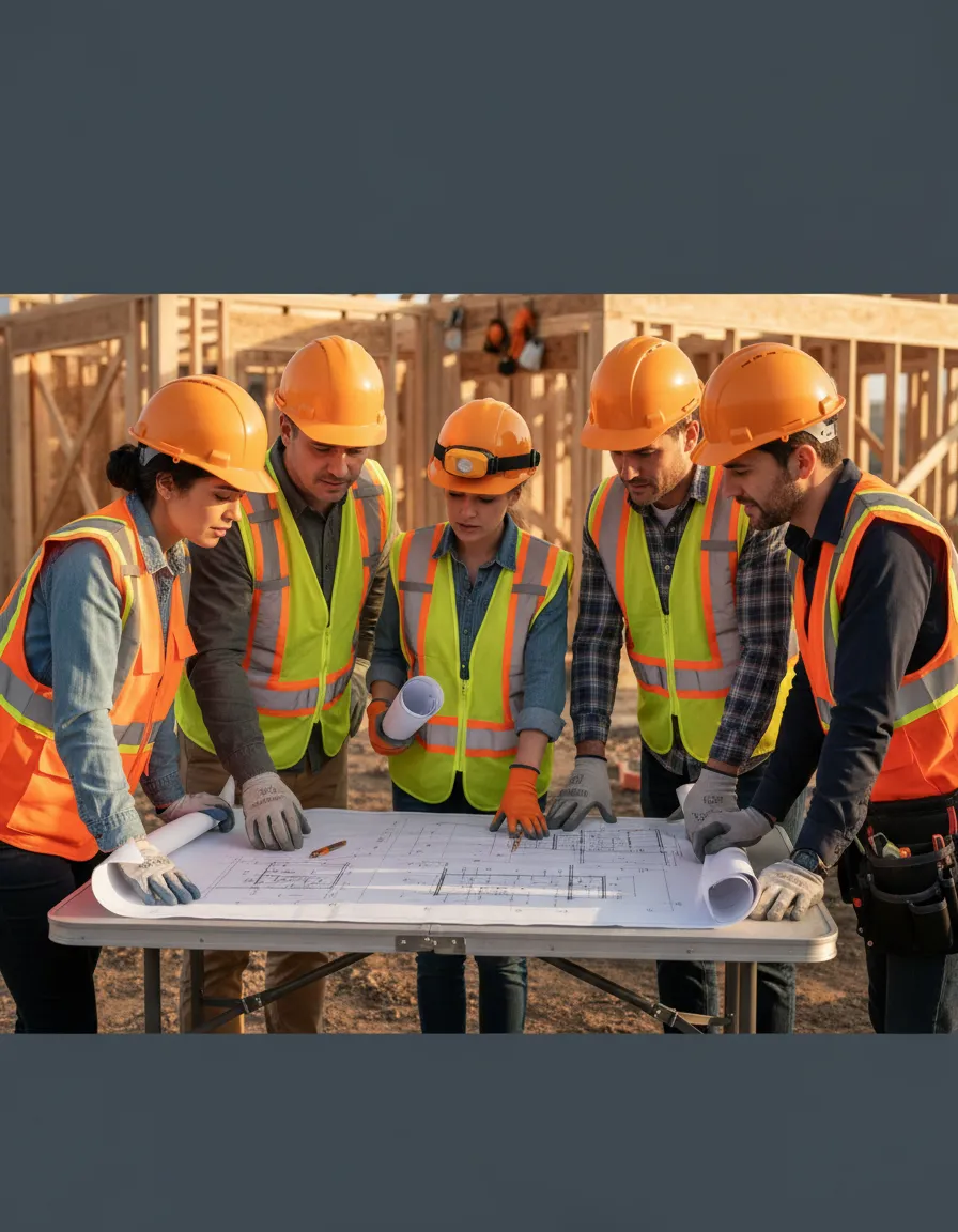 Construction team reviewing blueprints in San Marcos