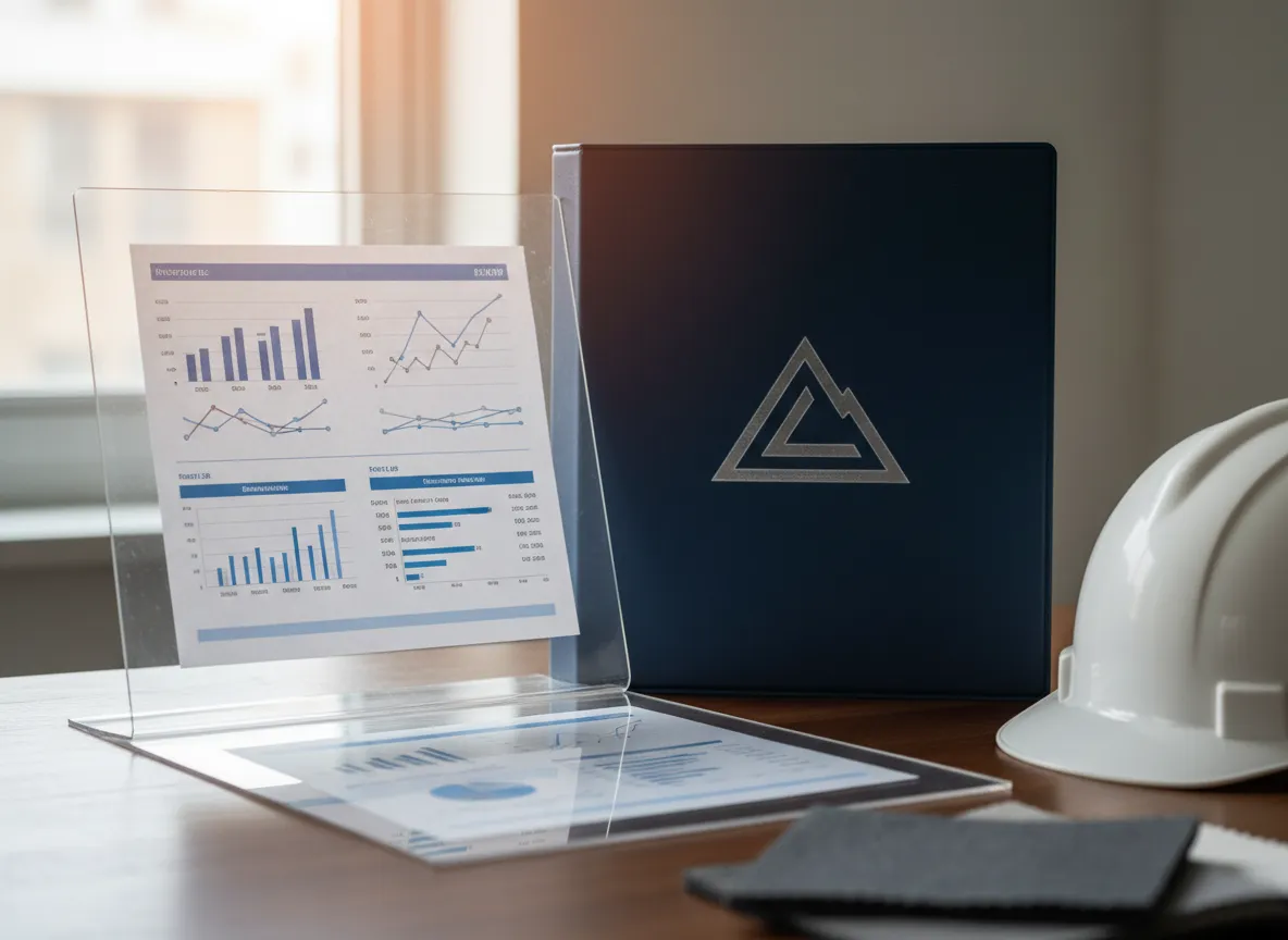 Transparent pricing documents on a desk with a hard hat