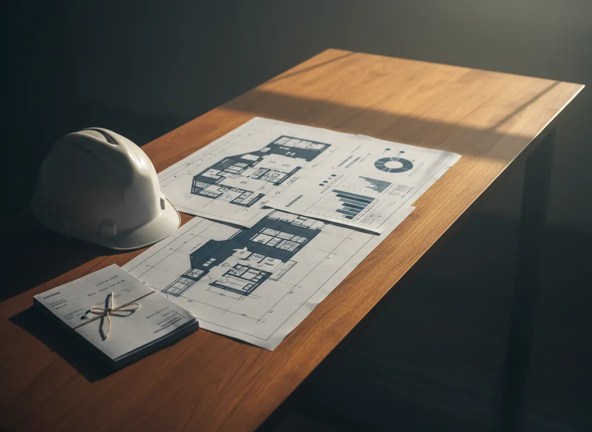 Detailed construction blueprints and financial planning documents