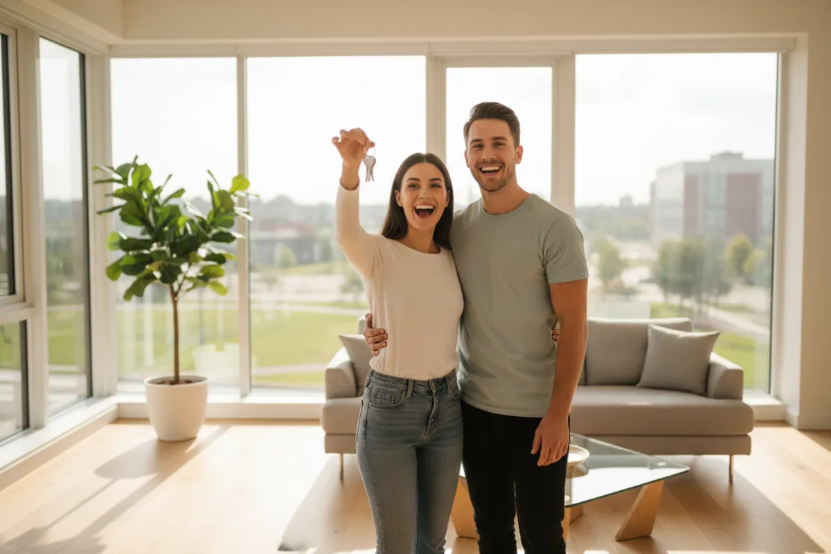A smiling young couple, one holding a set of house keys, standing in a sunlit modern living room with large windows and minimal decor, both looking excited and hopeful. The background is softly blurred, emphasizing their joyful expressions. 3:2 aspect ratio.