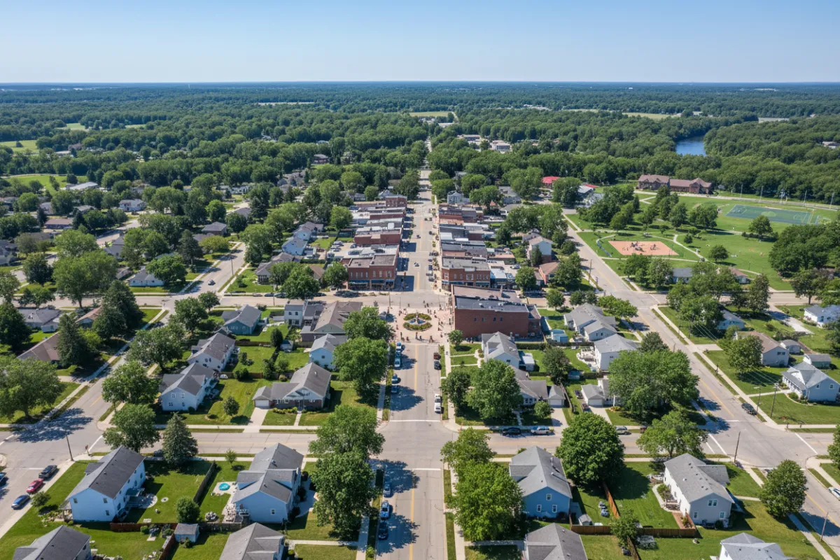 Aerial view of Richland, MI showing tree-lined streets, homes, and a bustling town center on a sunny day