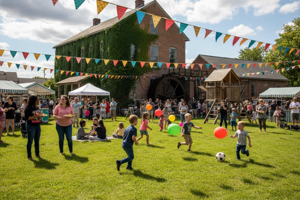 Vicksburg Mill historic landmark with people enjoying a festival
