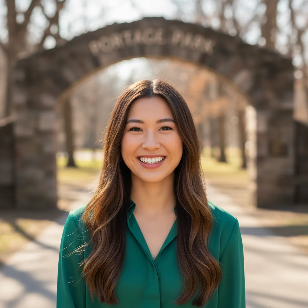 Portrait of a young female real estate agent, Asian American, with long hair, wearing a green blouse, standing in front of a Portage park entrance, friendly and approachable. 1:1 aspect ratio.