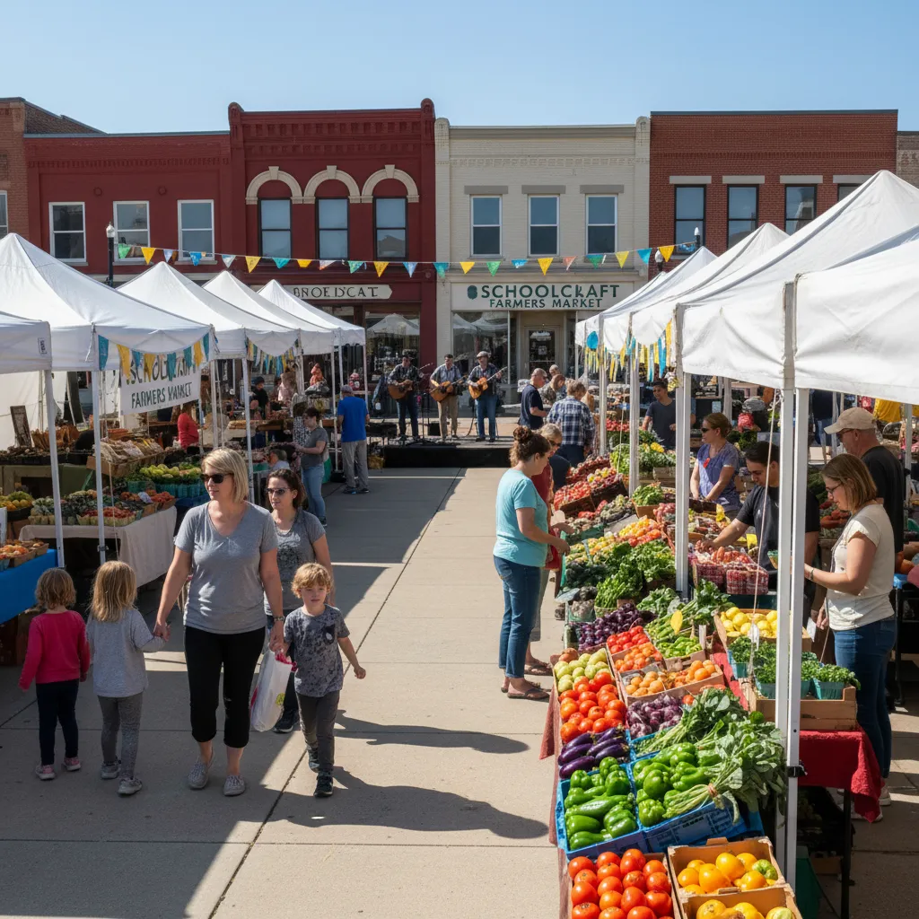 A bustling Saturday farmers market in Schoolcraft, MI, with local vendors, colorful produce, and families shopping. The market is set in a downtown square with historic storefronts and festive banners, capturing the lively community spirit.