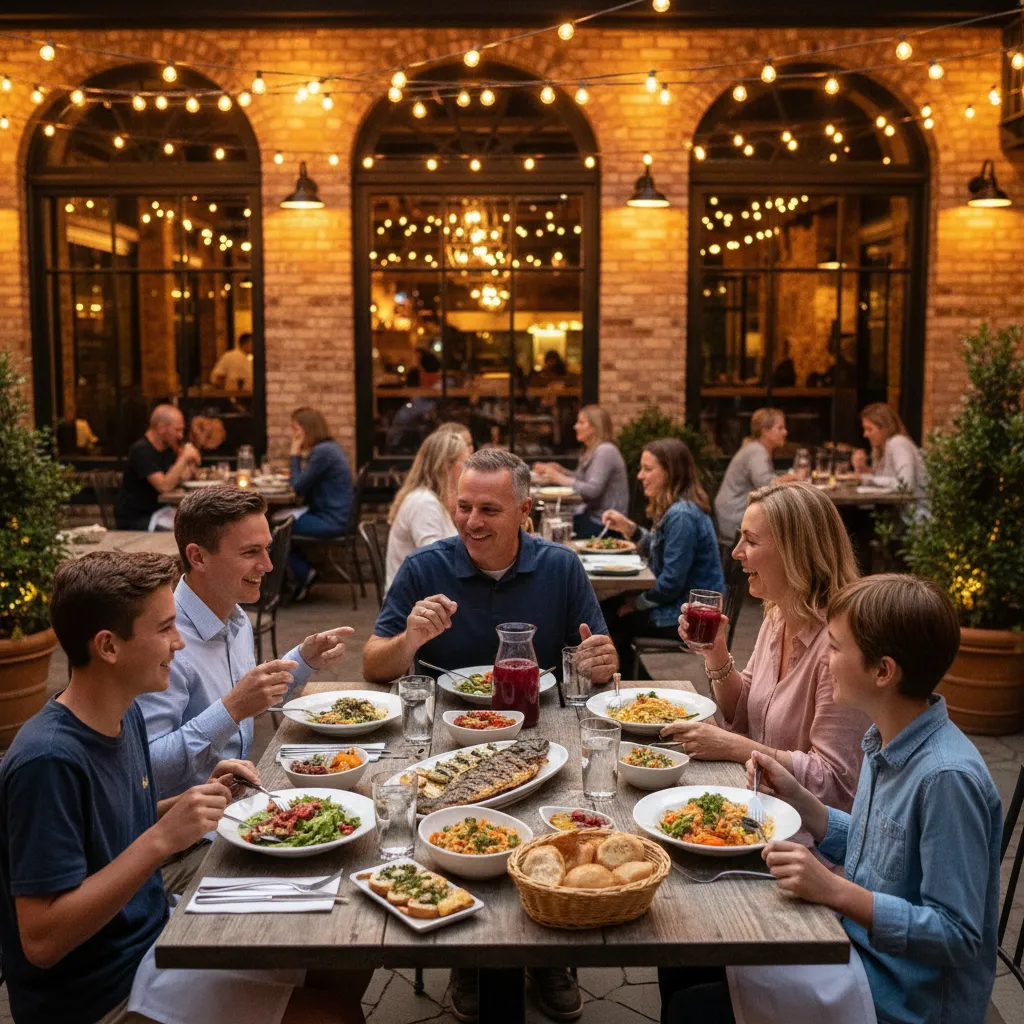A family enjoying a meal at a Mattawan restaurant patio, string lights overhead, and a lively evening ambiance.