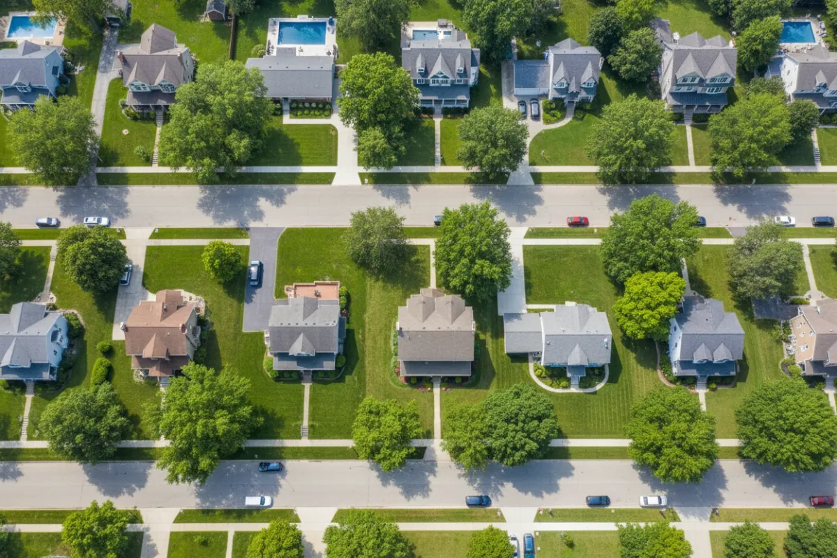 Aerial view of Vicksburg MI neighborhood with tree-lined streets and diverse homes