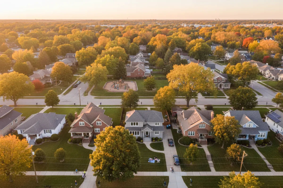 Aerial view of a vibrant Paw Paw neighborhood with tree-lined streets, diverse homes, and families enjoying the outdoors, captured in warm afternoon light, 3:2 aspect ratio