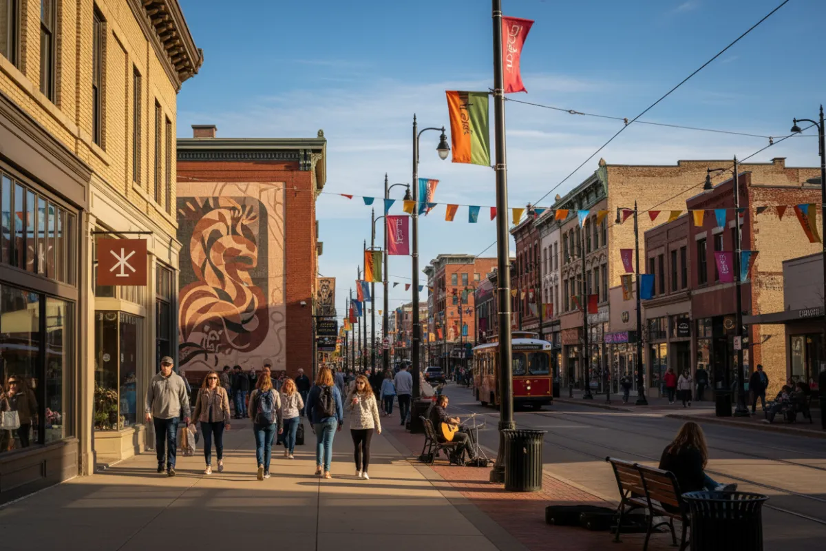 Downtown Kalamazoo vibrant street scene