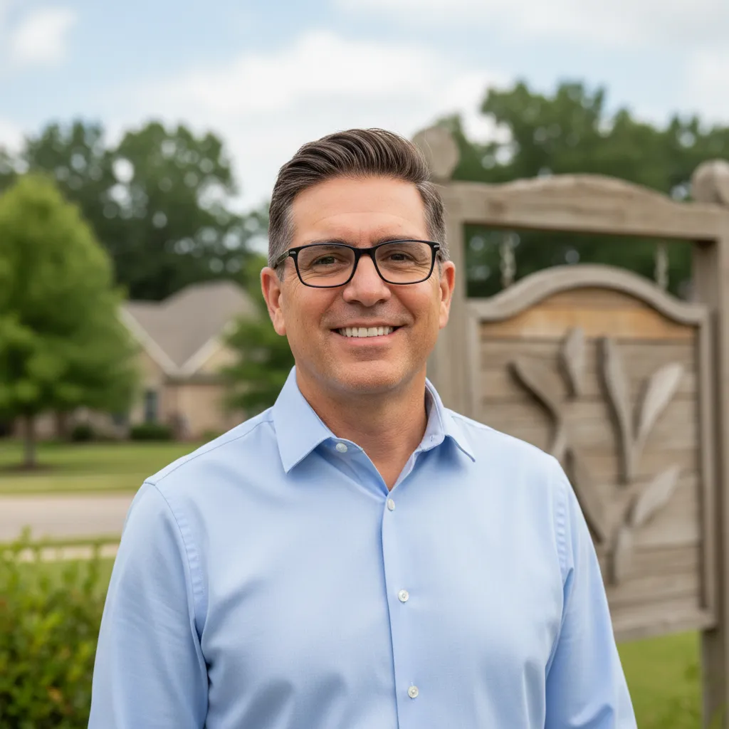 Portrait of a middle-aged male real estate agent, Hispanic, wearing glasses and a light blue shirt, standing in front of a Portage neighborhood sign, smiling confidently. 1:1 aspect ratio.
